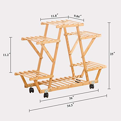 Bamboo Rolling 6 Tier Plant Stand Rack Multiple Flower Pot Holder Shelf Indoor Outdoor Planter Display shelving unit for Patio Garden Corner Balcony Living Room