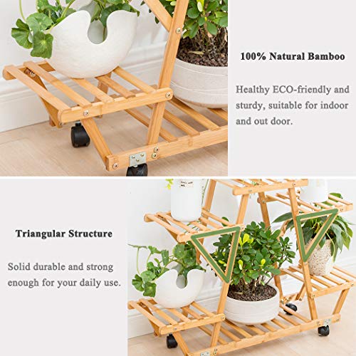 Bamboo Rolling 6 Tier Plant Stand Rack Multiple Flower Pot Holder Shelf Indoor Outdoor Planter Display shelving unit for Patio Garden Corner Balcony Living Room