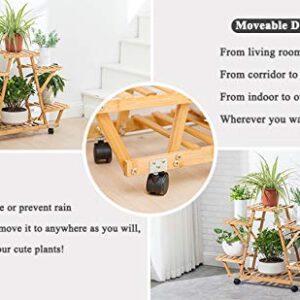 Bamboo Rolling 6 Tier Plant Stand Rack Multiple Flower Pot Holder Shelf Indoor Outdoor Planter Display shelving unit for Patio Garden Corner Balcony Living Room