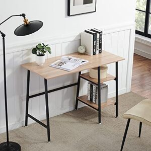 vecelo computer desk study writing wooden table with 2 tier storage shelves on left or right for home office,oak