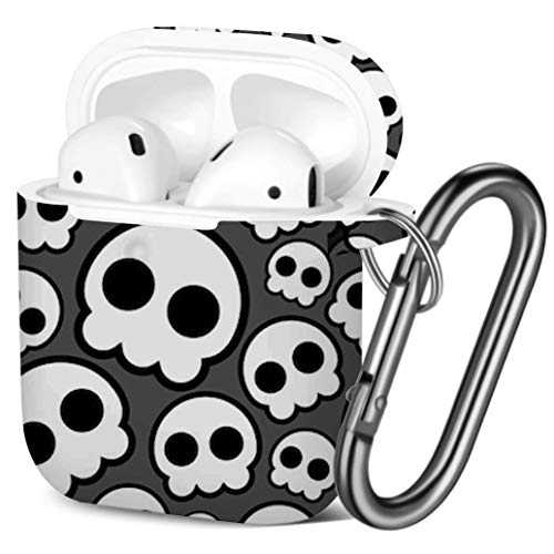 [ Compatible with AirPods 2 and 1 ] Shockproof Soft TPU Gel Case Cover with Keychain Carabiner for Apple AirPods (Skull Emo)