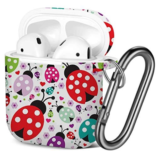 [ Compatible with AirPods 2 and 1 ] Shockproof Soft TPU Gel Case Cover with Keychain Carabiner for Apple AirPods (Kids Lady Bug Polka)