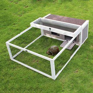 Tortoise House Habitat Wooden Small Animal Hutch Enclosure Indoor/Outdoor (49 * 36 * 14(L*W*H), Grey + White Trim)