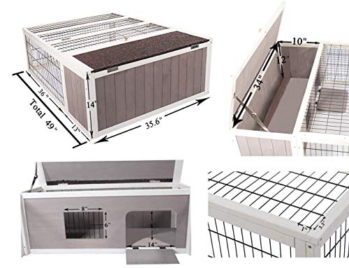 Tortoise House Habitat Wooden Small Animal Hutch Enclosure Indoor/Outdoor (49 * 36 * 14(L*W*H), Grey + White Trim)