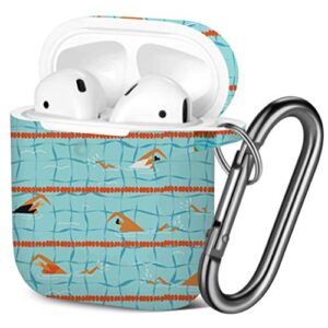 [ compatible with airpods 2 and 1 ] shockproof soft tpu gel case cover with keychain carabiner for apple airpods (people swim swimming pool)