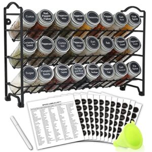 swommoly spice rack organizer with 24 empty round spice jars, 396 spice labels with chalk marker and funnel complete set, spice rack organizer for cabinet, pantry, countertop or wall mount, black