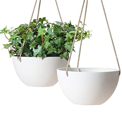 La Jolie Muse White Hanging Planter Basket - 8 Inch Indoor Outdoor Flower Pots, Plant Containers W/ Drainage Hole, Plant Pot for Hanging Plants, Pack 2