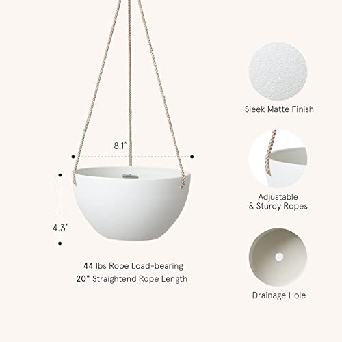 La Jolie Muse White Hanging Planter Basket - 8 Inch Indoor Outdoor Flower Pots, Plant Containers W/ Drainage Hole, Plant Pot for Hanging Plants, Pack 2