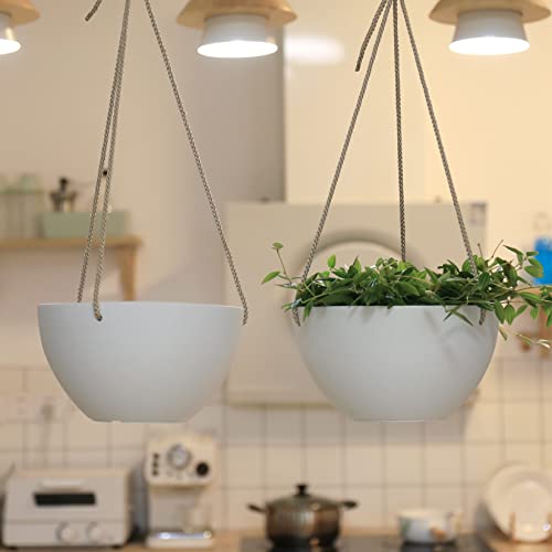 La Jolie Muse White Hanging Planter Basket - 8 Inch Indoor Outdoor Flower Pots, Plant Containers W/ Drainage Hole, Plant Pot for Hanging Plants, Pack 2