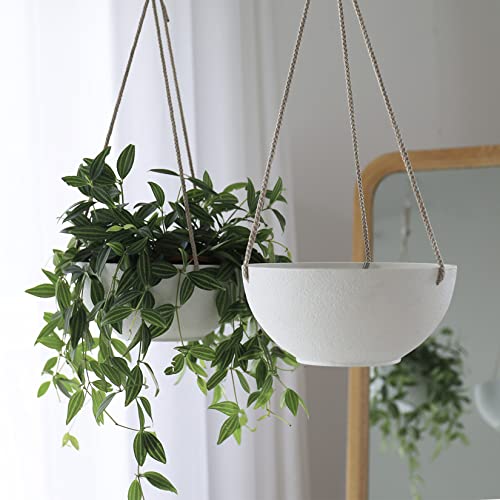 La Jolie Muse White Hanging Planter Basket - 8 Inch Indoor Outdoor Flower Pots, Plant Containers W/ Drainage Hole, Plant Pot for Hanging Plants, Pack 2