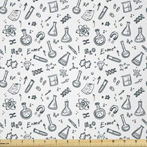 lunarable science fabric by the yard, hand drawn chemistry theme doodle experiment design arrangement, stretch knit fabric for clothing sewing and arts crafts, 1 yard, blue white