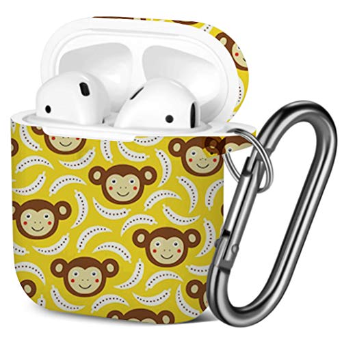 [ Compatible with AirPods 2 and 1 ] Shockproof Soft TPU Gel Case Cover with Keychain Carabiner for Apple AirPods (Monkey)