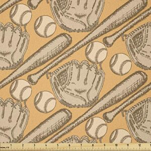 lunarable baseball fabric by the yard, sketch bat gloves and balls vintage design inspirations american sports, stretch knit fabric for clothing sewing and arts crafts, 1 yard, orange beige
