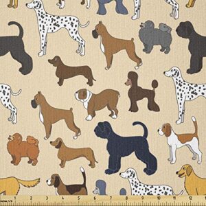 lunarable dog fabric by the yard, cartoon puppies different breeds animal love childish joyful tails illustration, stretch knit fabric for clothing sewing and arts crafts, 1 yard, beige brown