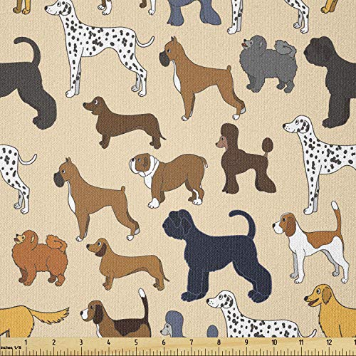 Lunarable Dog Fabric by The Yard, Cartoon Puppies Different Breeds Animal Love Childish Joyful Tails Illustration, Stretch Knit Fabric for Clothing Sewing and Arts Crafts, 1 Yard, Beige Brown