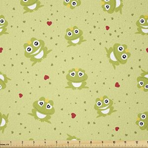 lunarable frogs fabric by the yard, funny animals with little hearts and crowns prince, stretch knit fabric for clothing sewing and arts crafts, 1 yard, green vermilion