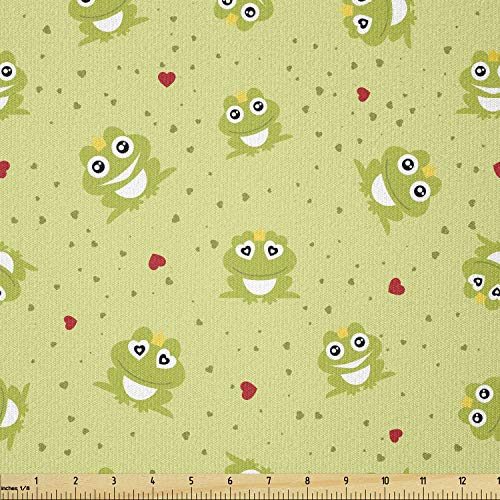 Lunarable Frogs Fabric by The Yard, Funny Animals with Little Hearts and Crowns Prince, Stretch Knit Fabric for Clothing Sewing and Arts Crafts, 1 Yard, Green Vermilion