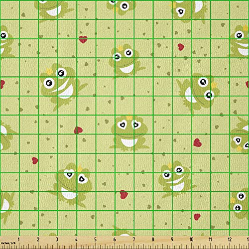 Lunarable Frogs Fabric by The Yard, Funny Animals with Little Hearts and Crowns Prince, Stretch Knit Fabric for Clothing Sewing and Arts Crafts, 1 Yard, Green Vermilion