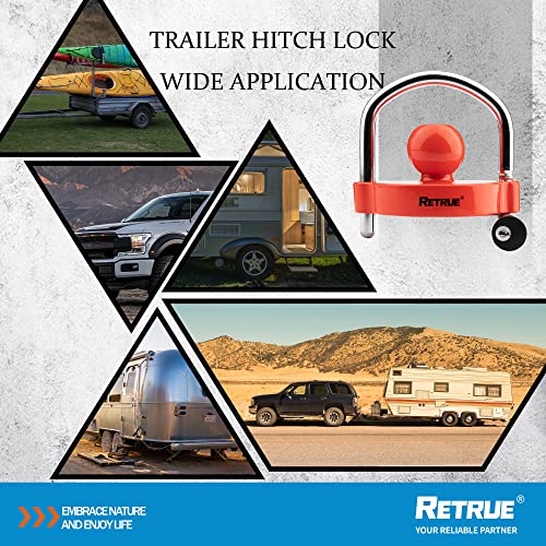 RETRUE Universal Coupler Lock Trailer Locks Ball Hitch Trailer Hitch Lock Adjustable Security Heavy-Duty Steel fits 1-7/8 Inch, 2 Inch, 2-5/16 Inch Couplers, red,with 360° Rotating Lock Head