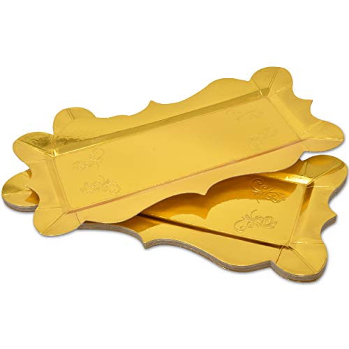 10 Gold Rectangle Trays for Dessert Table Serving Parties 14" x 7.5" Heavy Duty Disposable Paper Cardboard in Elegant Shape for Platters, Cupcake, Birthday Parties, Dessert, Weddings Food Safe