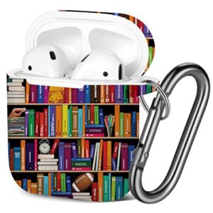 art-strap protective case, compatible with airpods 2 and 1 - shockproof soft tpu gel case cover with keychain carabiner replacement for apple airpods (book shelf)