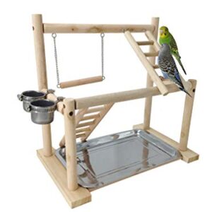 MINORPET Pet Bird Playpen, Wood Parrot Playstand Bird Playground Perch Gym Ladder with Toys Exercise Play, 2 Feeder Cups, Easy Assemble