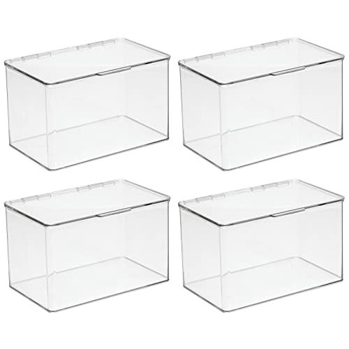 mDesign Small Plastic Home Office Storage Organizer Box Containers with Hinged Lid for Desktops - Holds Pens, Pencils, Sticky Notes, Highlighters, Staples, Supplies - Lumiere Collection, 4 Pack, Clear