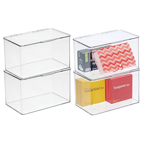 mDesign Small Plastic Home Office Storage Organizer Box Containers with Hinged Lid for Desktops - Holds Pens, Pencils, Sticky Notes, Highlighters, Staples, Supplies - Lumiere Collection, 4 Pack, Clear