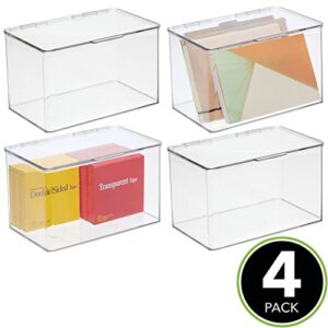 mDesign Small Plastic Home Office Storage Organizer Box Containers with Hinged Lid for Desktops - Holds Pens, Pencils, Sticky Notes, Highlighters, Staples, Supplies - Lumiere Collection, 4 Pack, Clear