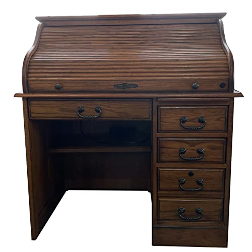 Small Home Office or Student Roll Top Desk- Solid Oak Wood Single Pedestal 40.5Wx24Dx45H BW Organizer Desk Quality Crafted Construction Locking File Drawers Dovetailed Secretary Desk Easy Assembly