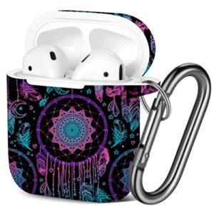 [ compatible with airpods 2 and 1 ] shockproof soft tpu gel case cover with keychain carabiner for apple airpods (american indian talisman dream catcher)