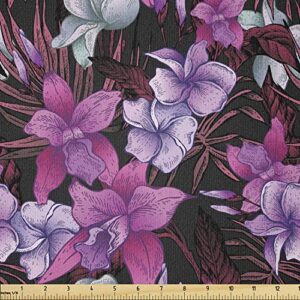 lunarable vintage fabric by the yard, floral tropical pattern with frangipani flowers and hibiscus blossoms sketch design, stretch knit fabric for clothing sewing and arts crafts, 1 yard, lilac
