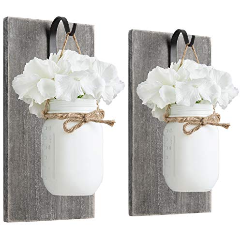 Mkono Mason Jar Wall Sconces Rustic Sconces Wall Decor Set of 2 Farmhouse Mason Jars Bathroom Decor Wood Boards with Fairy Lights and Flowers Fall Wall Decor for Home Kitchen Living Room, White