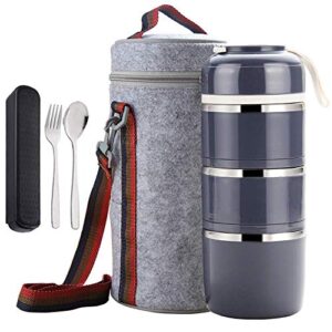 Cute Bento Stackable Lunch Box with Flatware Set Stainless Steel Lunch Containers Leakproof Food Container Insulated Lunch Bag for Adults Women Men (Gray, 3-Tier)