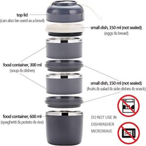 Cute Bento Stackable Lunch Box with Flatware Set Stainless Steel Lunch Containers Leakproof Food Container Insulated Lunch Bag for Adults Women Men (Gray, 3-Tier)