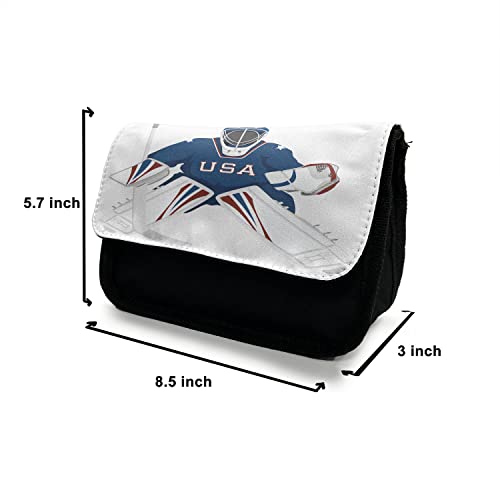 Lunarable Sports Pencil Case, USA Hockey Goalie Protection, Fabric Pen Pencil Bag with Double Zipper, 8.5" x 5.5", Burgundy Blue White