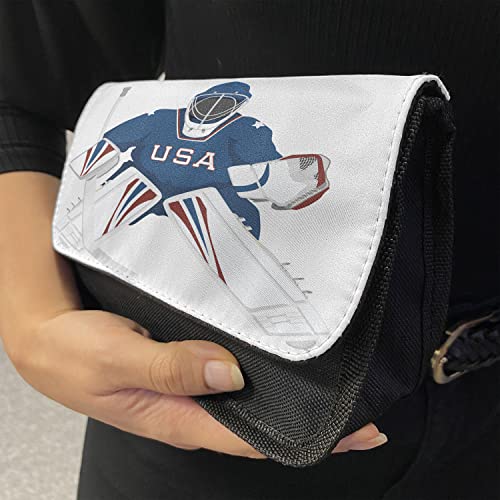 Lunarable Sports Pencil Case, USA Hockey Goalie Protection, Fabric Pen Pencil Bag with Double Zipper, 8.5" x 5.5", Burgundy Blue White