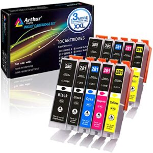 arthur imaging compatible canon ink cartridges 280 and 281 replacement pgi-280xxl cli-281xxl pgi 280 xxl cli 281 xxl pixma tr7520 tr8520 ts6120 ts6220 ts8220 ts9120 ts9520 ts9521c printer (10 pack)