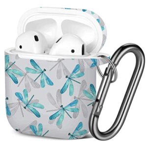 [ compatible with airpods 2 and 1 ] shockproof soft tpu gel case cover with keychain carabiner for apple airpods (dragonfly blue watercolor)