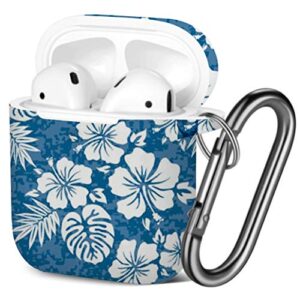 [ compatible with airpods 2 and 1 ] shockproof soft tpu gel case cover with keychain carabiner for apple airpods (aloha hawaiian flowers)