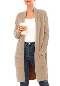 qixing 2022 women's casual open front knit cardigans long sleeve plush sweater coat with pockets khaki-medium