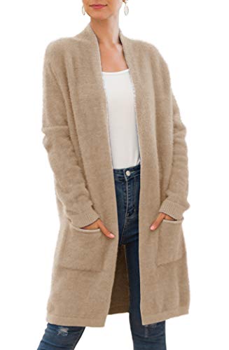 QIXING 2022 Women's Casual Open Front Knit Cardigans Long Sleeve Plush Sweater Coat with Pockets Khaki-Medium