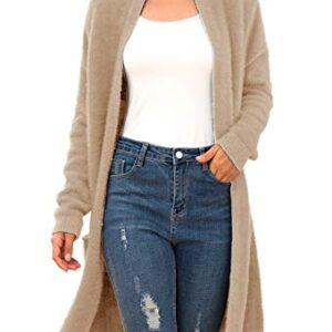 QIXING 2022 Women's Casual Open Front Knit Cardigans Long Sleeve Plush Sweater Coat with Pockets Khaki-Medium