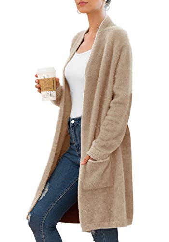 QIXING 2022 Women's Casual Open Front Knit Cardigans Long Sleeve Plush Sweater Coat with Pockets Khaki-Medium