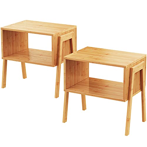 Pipishell Bamboo Stackable End Tables, Wood Living Room Nightstand, Bedside Tables for Bedroom Storage, Set of 2