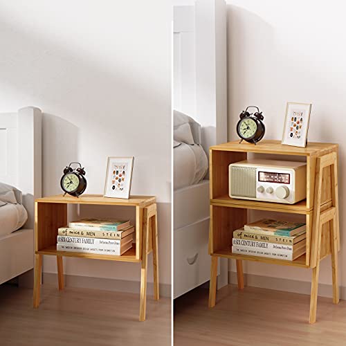 Pipishell Bamboo Stackable End Tables, Wood Living Room Nightstand, Bedside Tables for Bedroom Storage, Set of 2