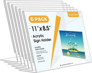 maxgear acrylic sign holder 8.5x11 inches 6 pack, horizontal sign holders clear paper display stand, slant back flyer frames table top menu document holder for office, store, restaurants - landscape