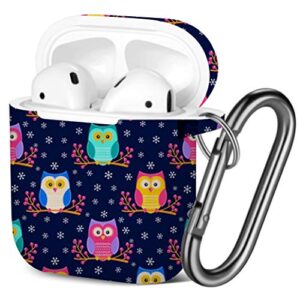 [ compatible with airpods 2 and 1 ] shockproof soft tpu gel case cover with keychain carabiner for apple airpods (cute flat owls sitting)