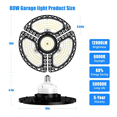 Dansny LED Garage Lights, 80W Deformable LED Garage Ceiling Lights 12000LM Led Shop Lights for Garage, Garage Lights with 3 Adjustable Panels, Utility Led Garage Lighting, LED Light Bulbs for barn etc