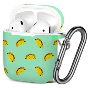 [ compatible with airpods 2 and 1 ] shockproof soft tpu gel case cover with keychain carabiner for apple airpods (taco mexican food blue)